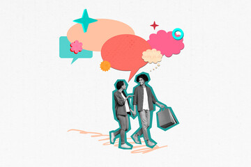 Photo collage artwork picture of smiling happy couple walking enjoying friday sale empty space isolated graphical background