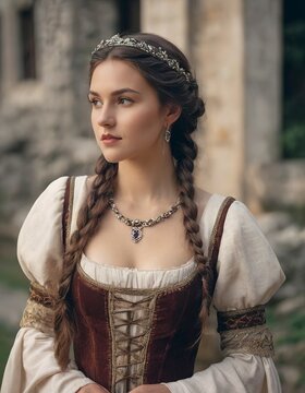 Photo of brown hair woman in a medieval era dress