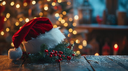 Beautiful Christmas composition with burning candles and Santa hat on blurred background II