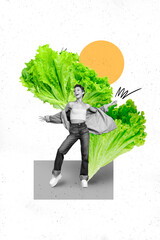 Collage 3d image of pinup pop retro sketch of funny young female dancing eating green salad leaves...