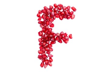 F English Alphabet Capital Letter Written with Pomegranate Seeds Isolated on White Background