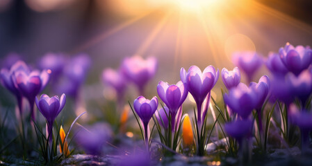 Purple crocuses at dawn in the sun's rays with bokeh