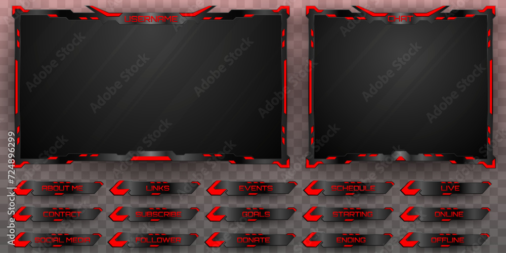 Poster futuristic live stream overlay webcam screen frame and stream alert gui panels with metallic black a