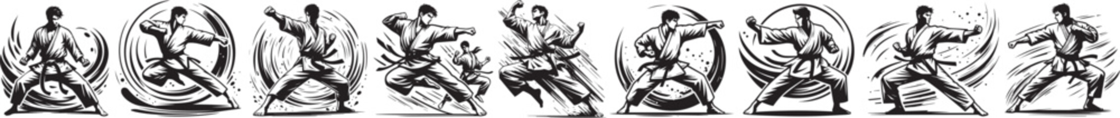 Karate warrior, black and white vector set collection - obrazy, fototapety, plakaty