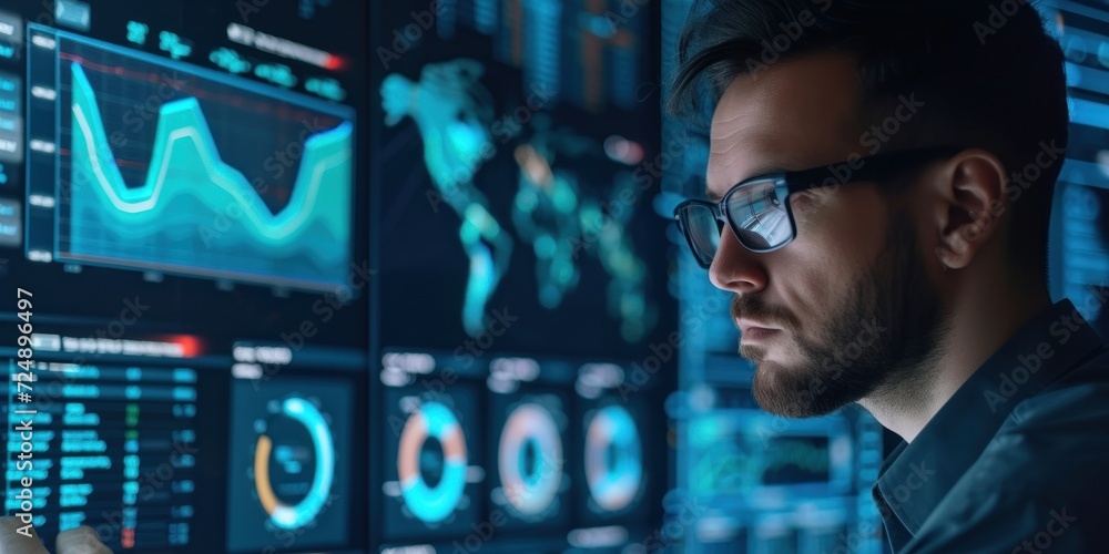 Poster man in glasses looking at computer screen