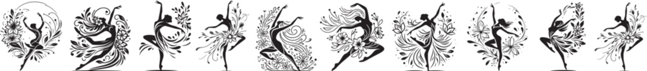 Ballet dancers decorated with flowers, black and white vector ornament - obrazy, fototapety, plakaty
