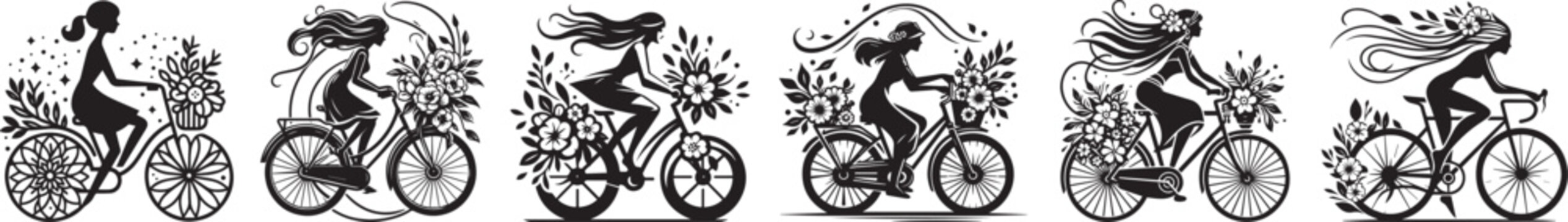 Girls on bikes decorated with flowers, black and white vector set collection
