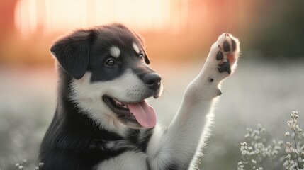 Black and White Dog With Paw Raised