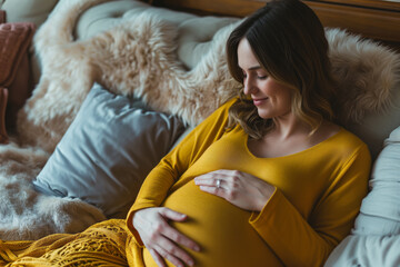 AI Generated Image Beautiful happy pregnant woman holding her baby bell while relaxing at home