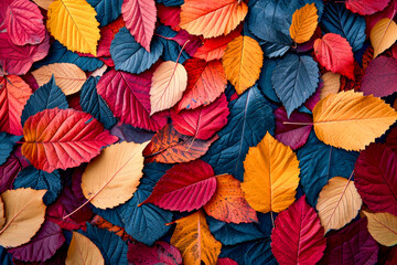 Fototapeta na wymiar Close up of many colorful leaves including red and yellow ones scattered on blue background.