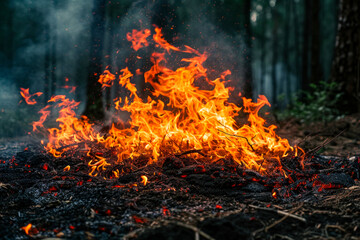 Pile of smoldering wood and tree branches with orange and yellow flames engulfing it.