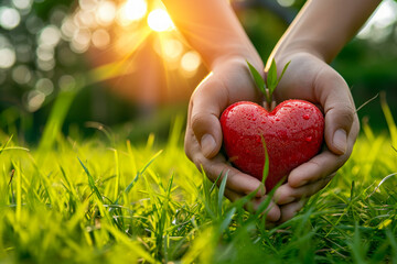 Hand holding red heart is resting on top of green field with sunlight streaming through.