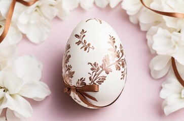 White chocolate Easter egg decorated with brown pattern and tape on floral pink background. AI generated
