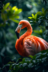 Pink and orange bird with yellow eyes stands in green bush.