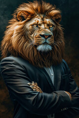 Image of man in suit with lion's head wearing tie.