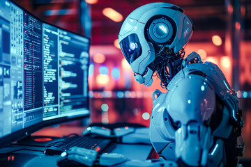 Robot with head that resembles white man wearing mask sits in front of computer monitor.
