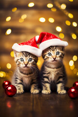 Obraz na płótnie Canvas Two kittens wearing Santa hats sit in front of Christmas ball background.