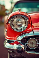 Türaufkleber Red car has chrome headlight that is bright and shiny. © valentyn640