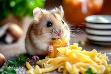 Small hamster is eating some pasta.