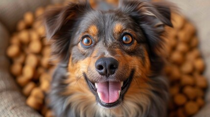  a brown and black dog laying on top of a bed of dog food with it's mouth open and it's tongue out and it's tongue out. - Powered by Adobe