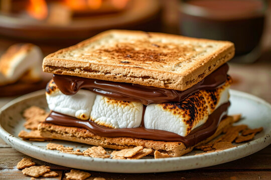 Plate With Marshmallow Sandwich Covered In Chocolate Sauce.