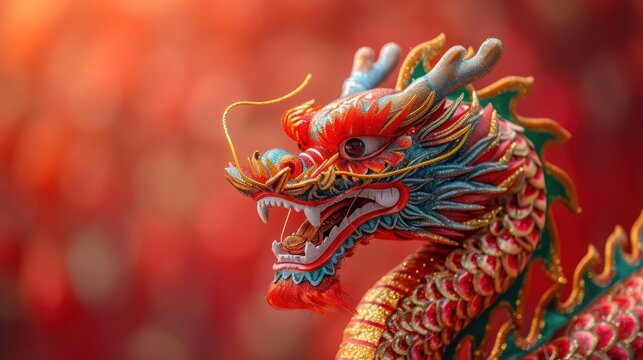  a close up of a dragon figurine with red and blue paint on it's face and a blurry background of red and yellow and red leaves.