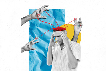 Collage image of sad upset man suffering pain manipulation isolated on drawing background