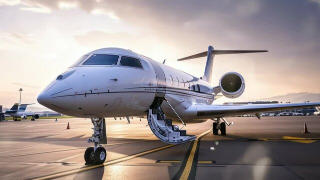 Animation private jet parked on the airport runway. seamless 4k video background. generated with ai