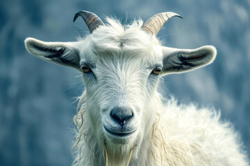 Goat with long beard and horns in front of blue background.