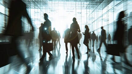 Silhouettes of busy professionals bustling through a modern corporate building with reflective surfaces and bright backlighting.