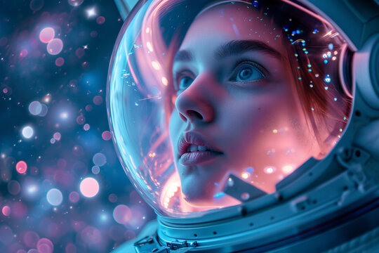 Astronaut gazing into cosmos through helmet visor Generative AI image