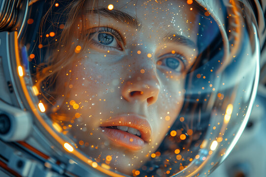 Woman astronaut with sparkling particles in helmet Generative AI image