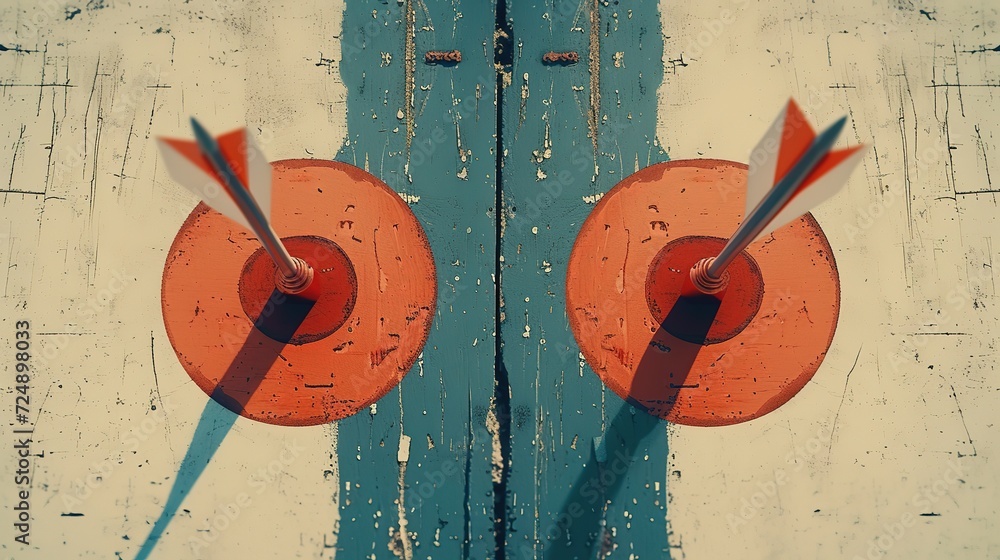 Poster a direct top-down view of two arrows nailed in the center of symmetrical dartboards, exemplifying pr