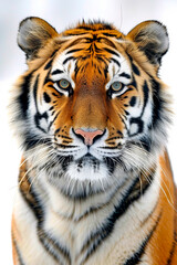 Close up of tiger's face with its eyes wide open and staring straight ahead.