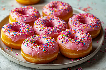 Bunch of pink frosted donuts on tray with sprinkles on them.