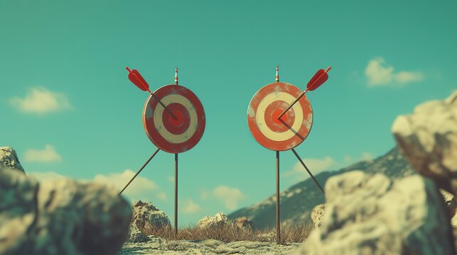 Archery targets stand in an outdoor setting with arrows precisely lodged in the bullseye, depicting accuracy in an open-air environment.
