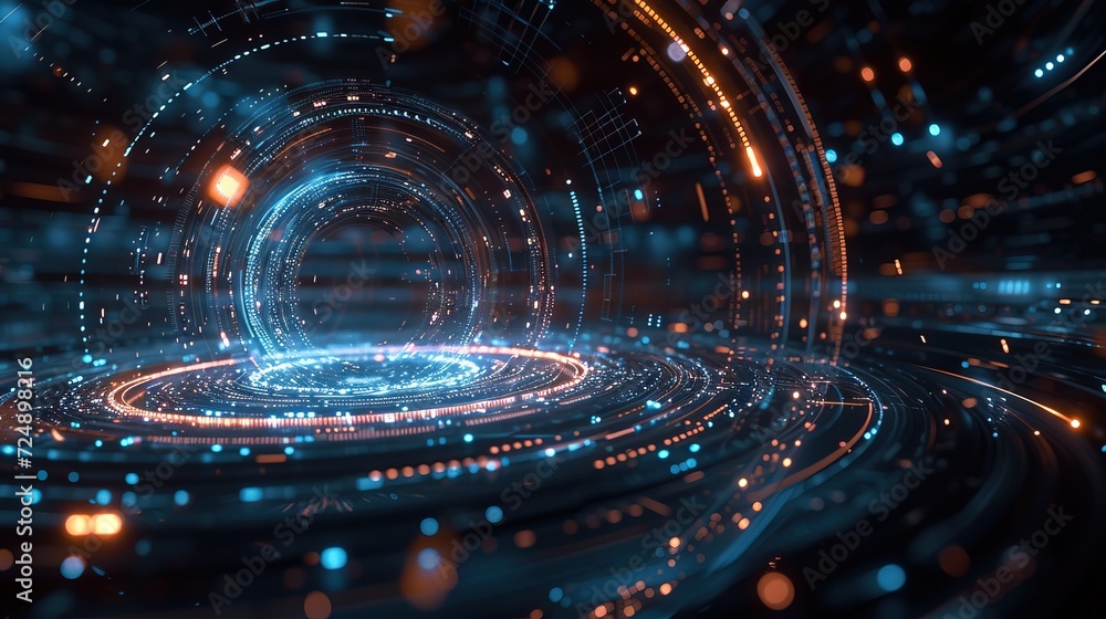 Poster dynamic perspective of a futuristic cyber tunnel with bright glowing lines symbolizing data transmis