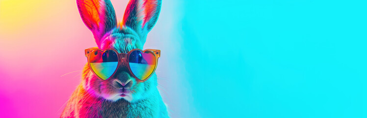 Easter Rabbit with Heart-Shaped Neon Glasses - obrazy, fototapety, plakaty