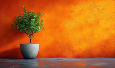 Plant in a flower pot against an orange wall.