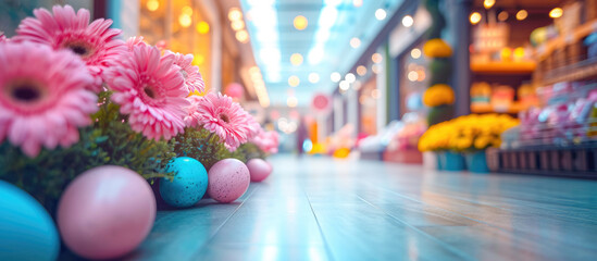 Easter Decorations Displayed on Store Shelves. Colorful Easter eggs and flowers in a store aisle.