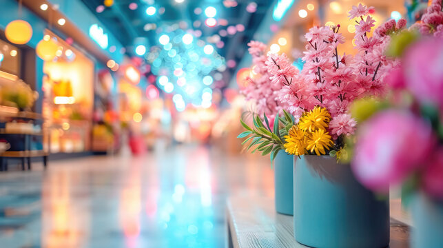 Floral Walkway in Illuminated Mall. Flower pots line a brightly lit mall corridor. Festive decorations in modern mall.
