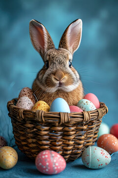 Generative AI image of a rabbit with colorful Easter eggs