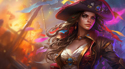 A mighty female pirate in rainbow colors, halloween motive	