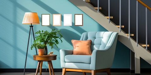 Photo Frames blue tones with a play of light and shadow on the wall and floor.