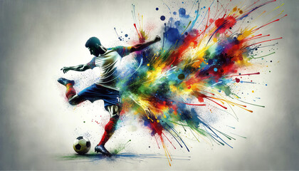 Dynamic soccer player in mid-kick with a vibrant explosion of colorful paint splatters, illustrating energy and motion.Sports concept. AI generated.