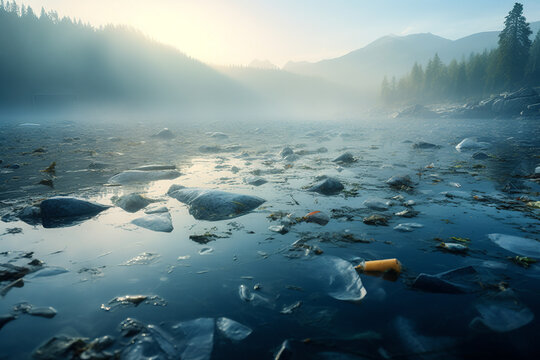 Polluted River Landscape at Sunrise. Generative AI image