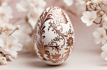White Easter egg decorated with brown pattern and rhinestones on floral pink background. AI generated