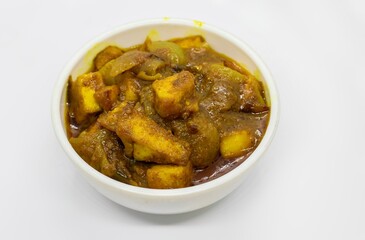 Masala Paneer or Cheese Curry Gravy in White Bowl Isolated on White Background
