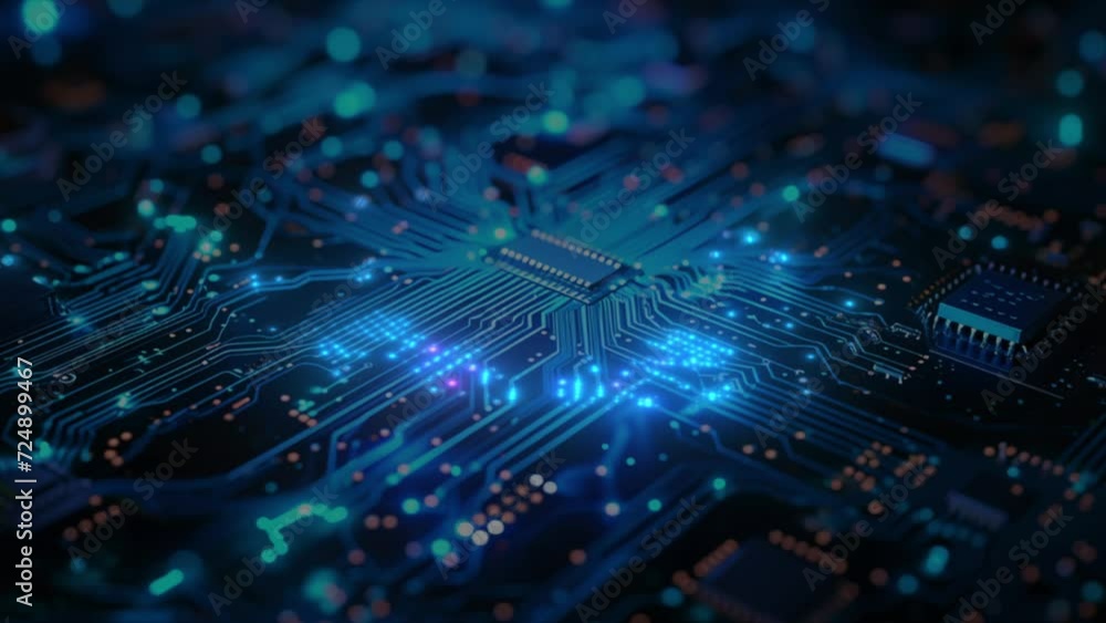 Poster motherboard digital chip waving signals of energy. technological and scientific blue background. ene