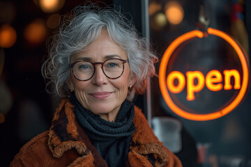 Mature business owner smiles near open sign Generative AI image